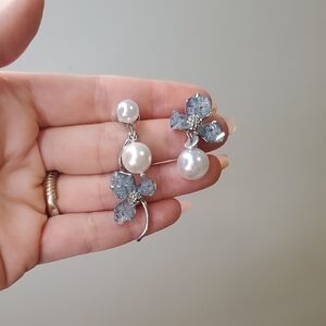 Pearl and Sky Blue Crystal Flower Drop Earrings - Women Jewelry